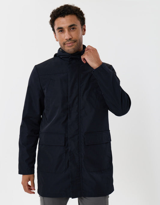Showerproof Hooded Longline Mac with Patch Pockets in Navy