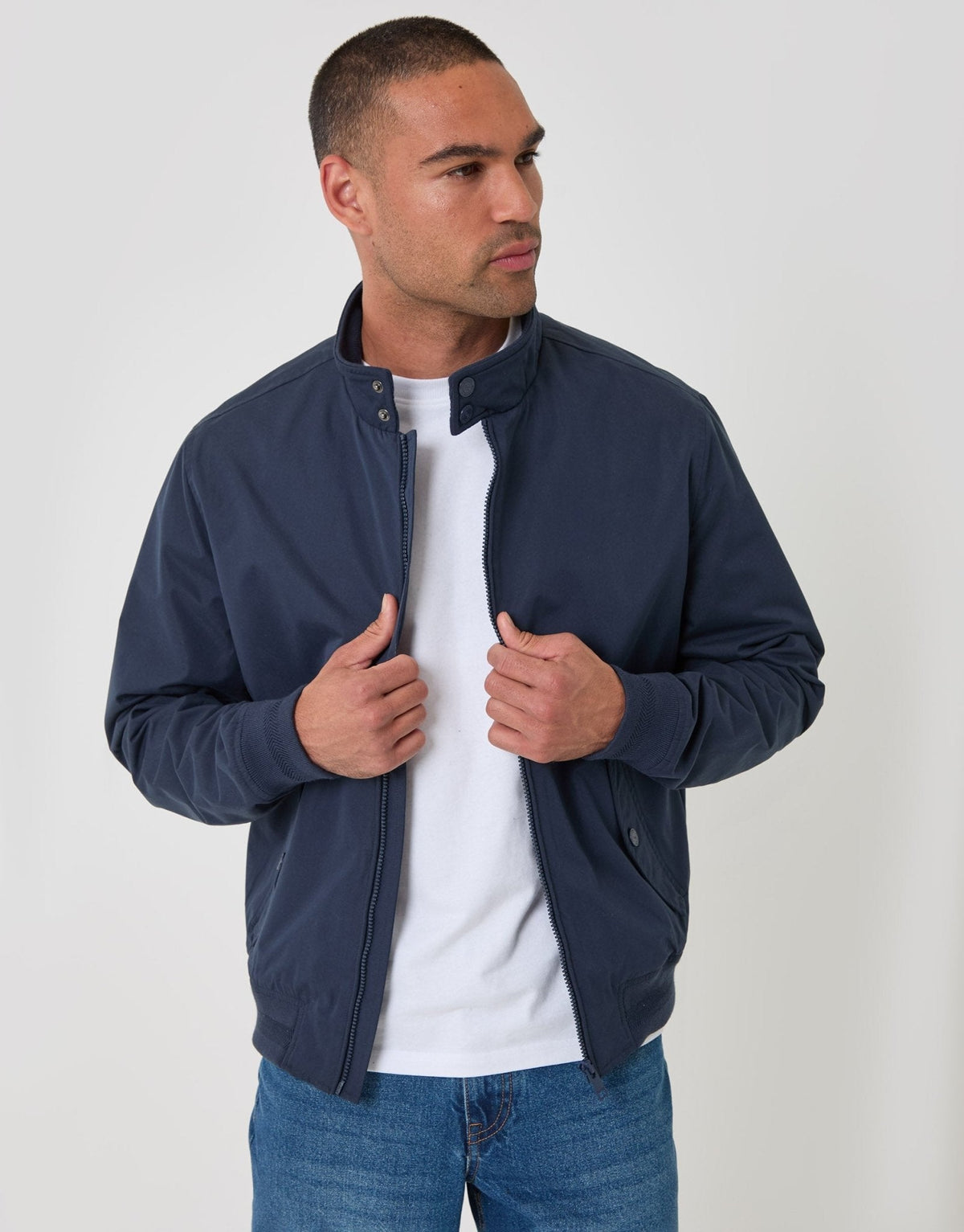 Men's Showerproof Microfibre Harrington Jacket in Navy | SATRI