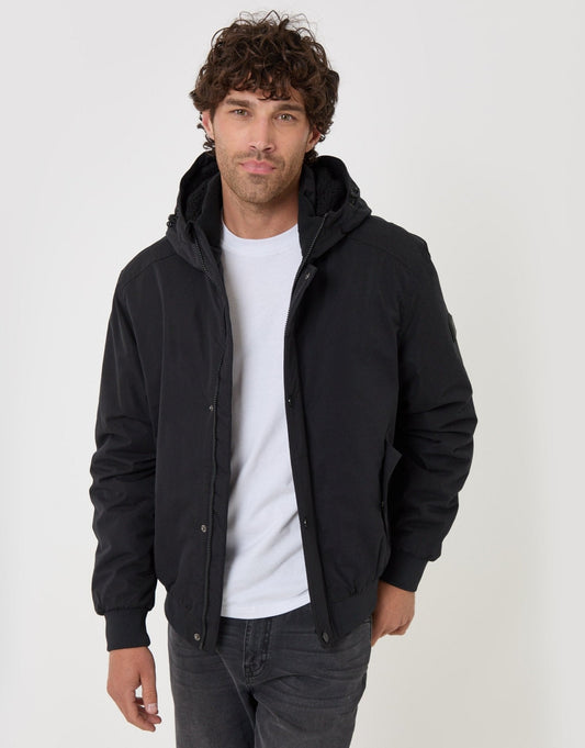 Men's Showerproof Jacket with Borg Lined Hood in Black | SATRI