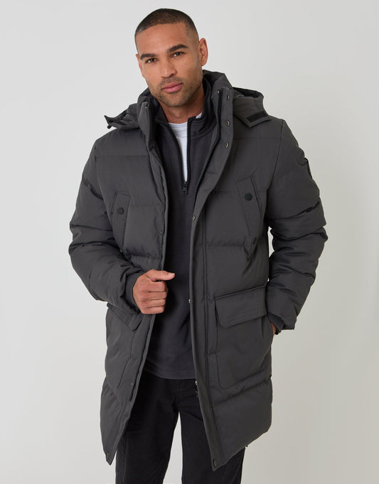 Men's Showerproof Hooded Puffer Coat with Adjustable Waist in Slate Grey | SATRI