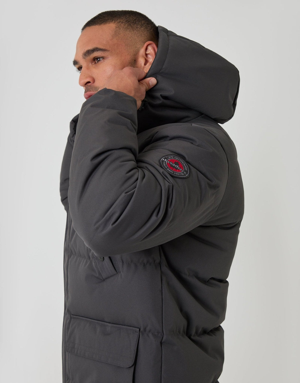 Showerproof Hooded Puffer Coat with Adjustable Waist in Slate Grey