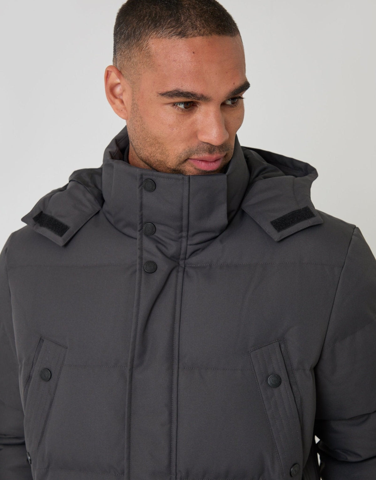 Showerproof Hooded Puffer Coat with Adjustable Waist in Slate Grey