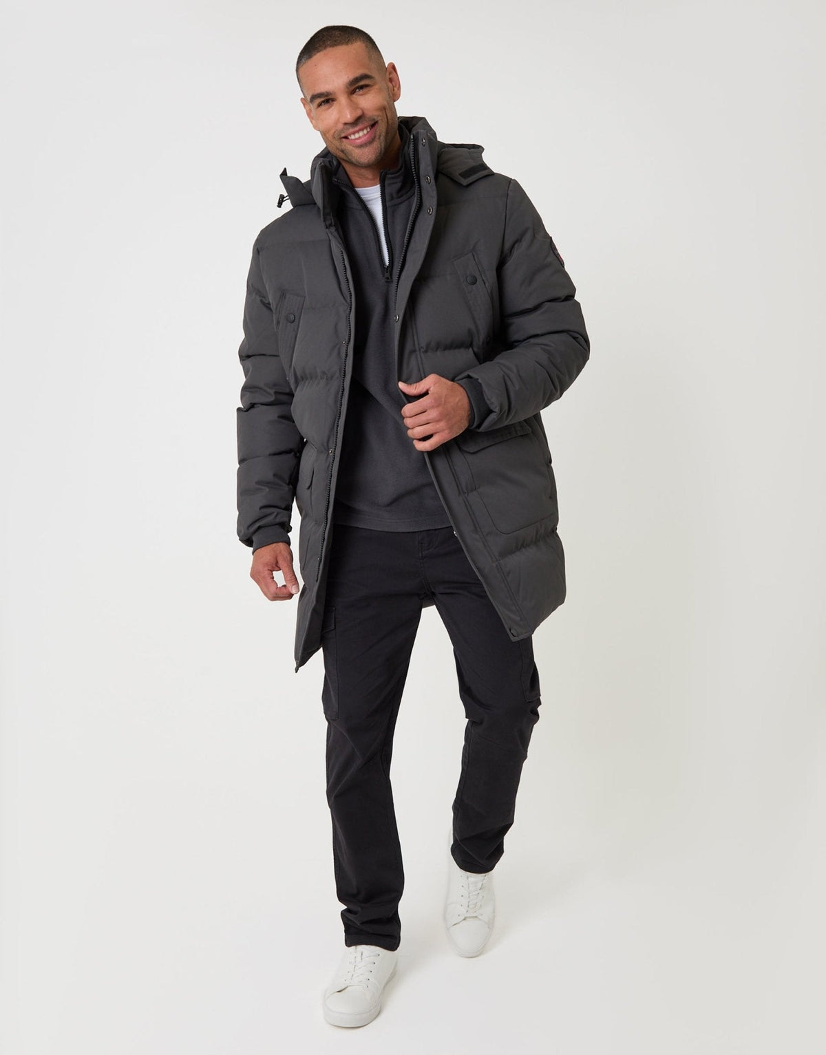 Showerproof Hooded Puffer Coat with Adjustable Waist in Slate Grey