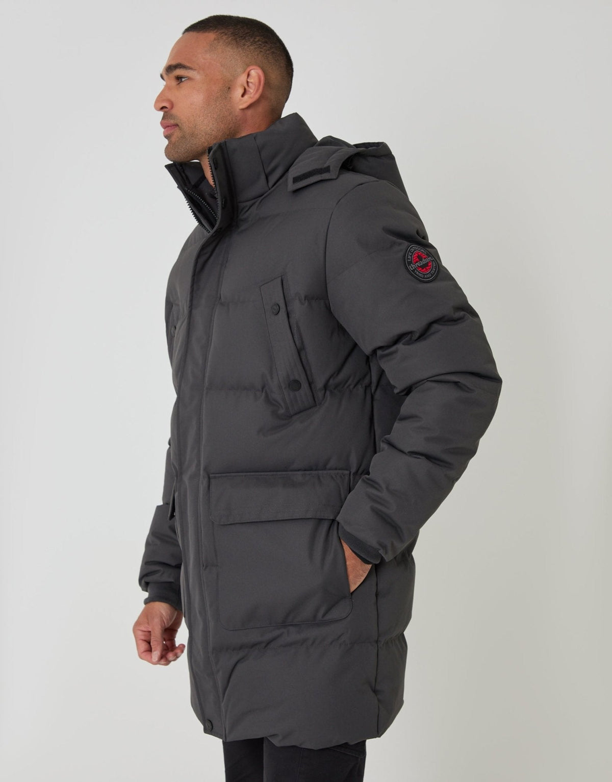 Showerproof Hooded Puffer Coat with Adjustable Waist in Slate Grey