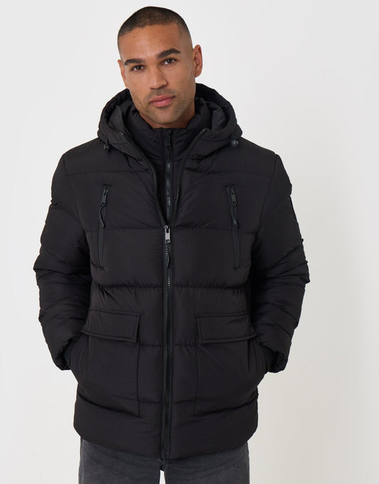 Men's Showerproof Padded Double Zip Coat in Black | SATRI