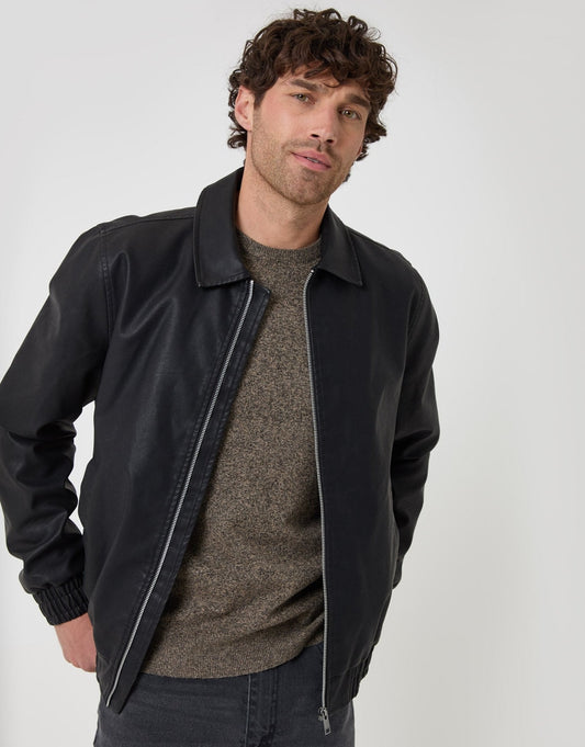 Men's Faux Leather Collared Jacket in Black | SATRI