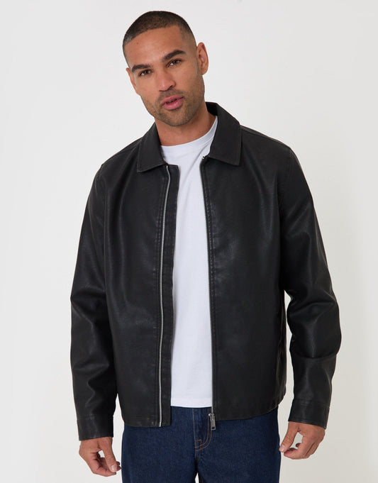 Men's Faux Leather Zip Up Collared Jacket in Black | SATRI