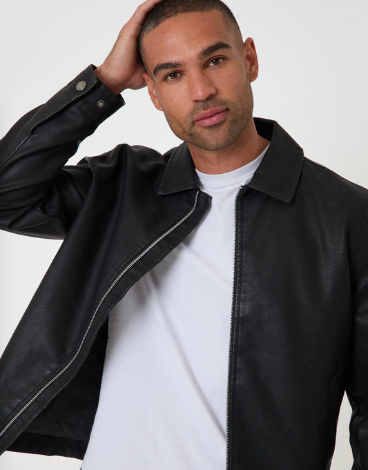 Faux Leather Zip Up Collared Jacket in Black