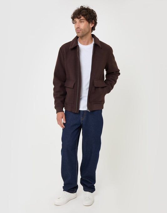 Faux Wool Collared Lightweight Jacket in Chocolate Brown