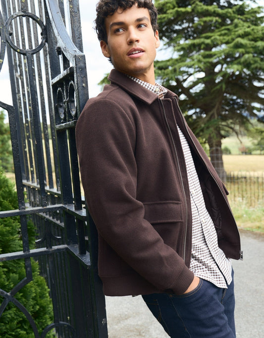Men's Faux Wool Collared Lightweight Jacket in Chocolate Brown | SATRI