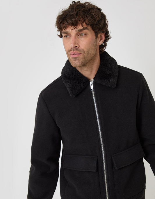 Men's Lightweight Jacket with Faux Fur Collar in Black | SATRI