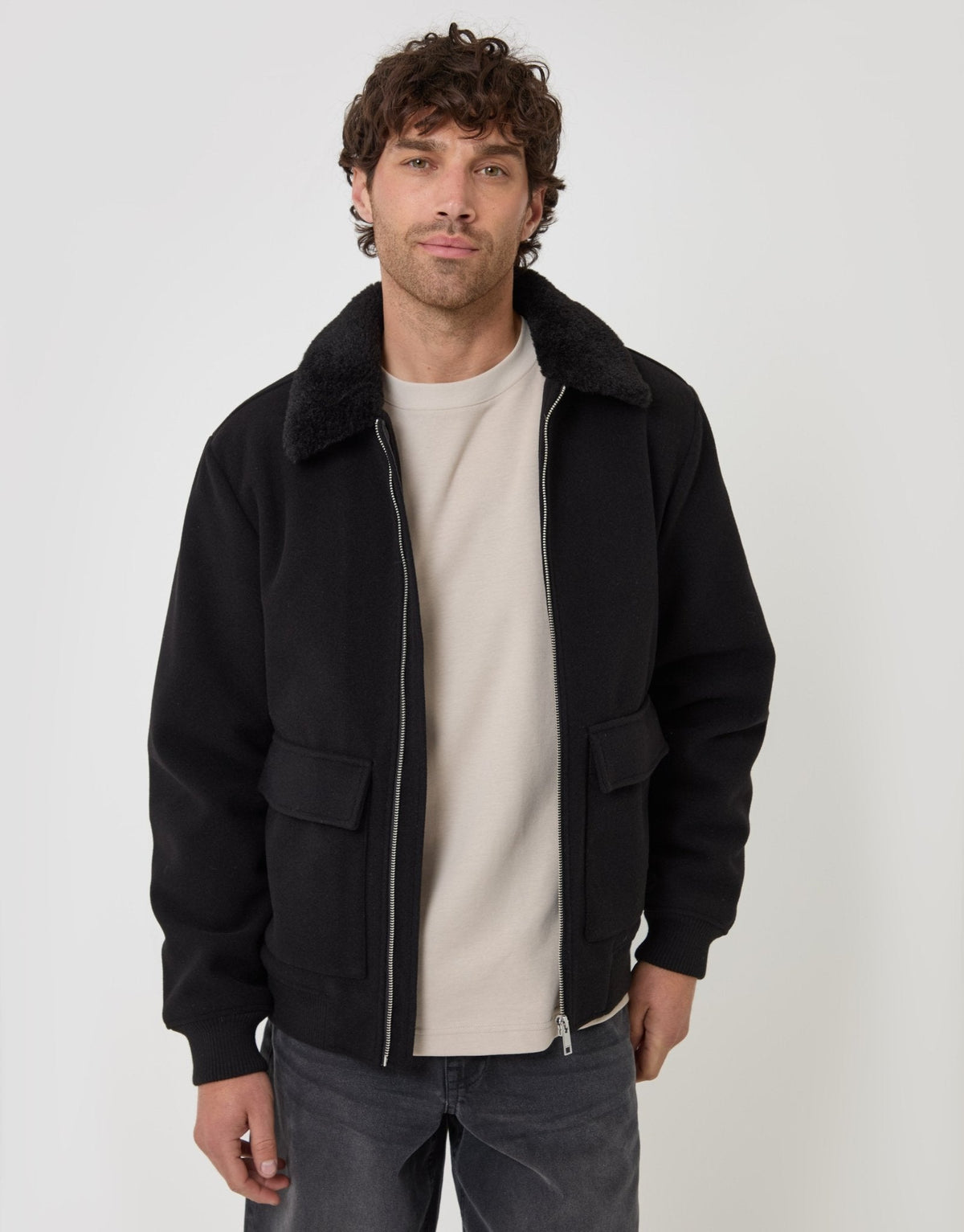 Lightweight Jacket with Faux Fur Collar in Black