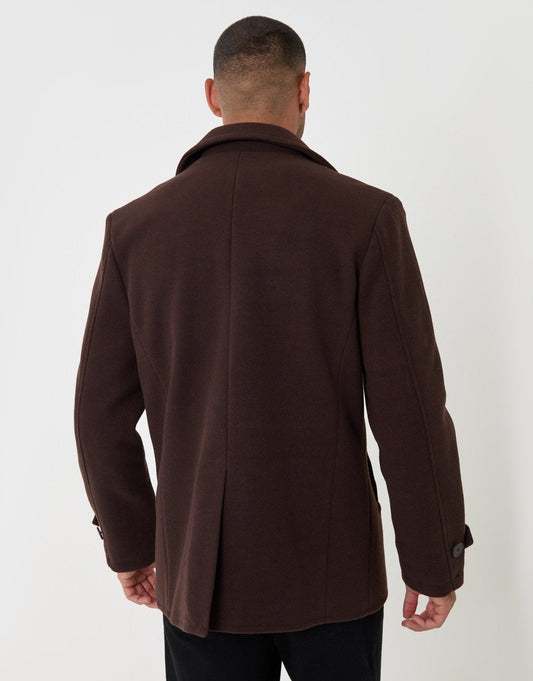 Faux Wool Double Breasted Short Trench Coat in Chocolate Brown