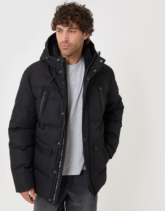 Men's Showerproof Hooded Puffer Coat with Borg Lined Hood in Black | SATRI