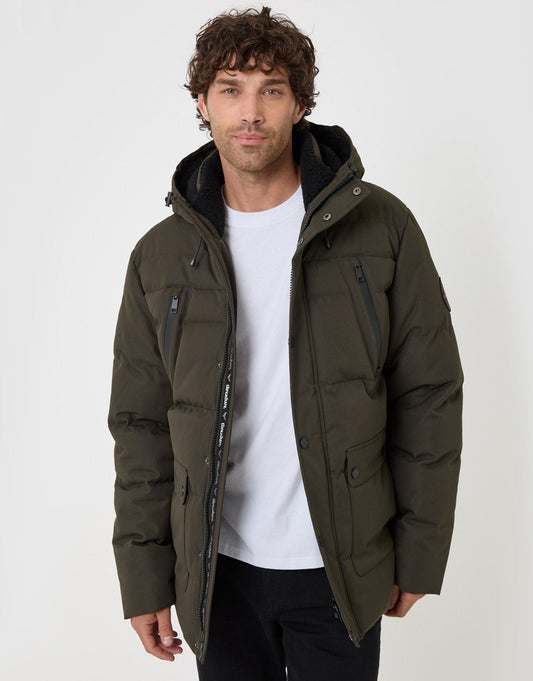 Men's Showerproof Hooded Puffer Coat with Borg Lined Hood in Khaki | SATRI