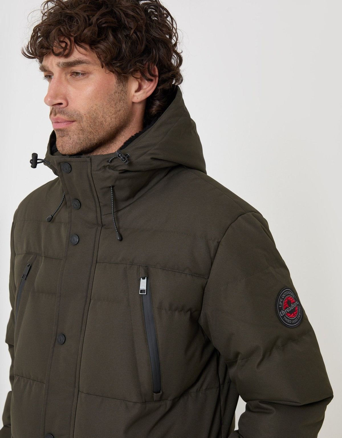 Showerproof Hooded Puffer Coat with Borg Lined Hood in Khaki