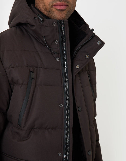 Showerproof Hooded Puffer Coat with Borg Lined Hood in Chocolate Brown