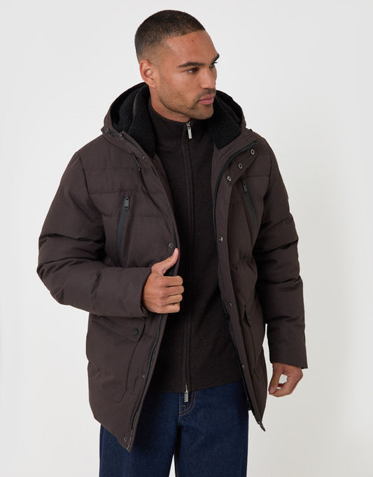 Men's Showerproof Hooded Puffer Coat with Borg Lined Hood in Chocolate Brown | SATRI