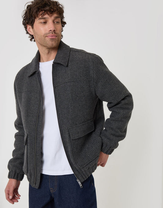 Men's Herringbone Faux Wool Collared Jacket in Slate Grey | SATRI