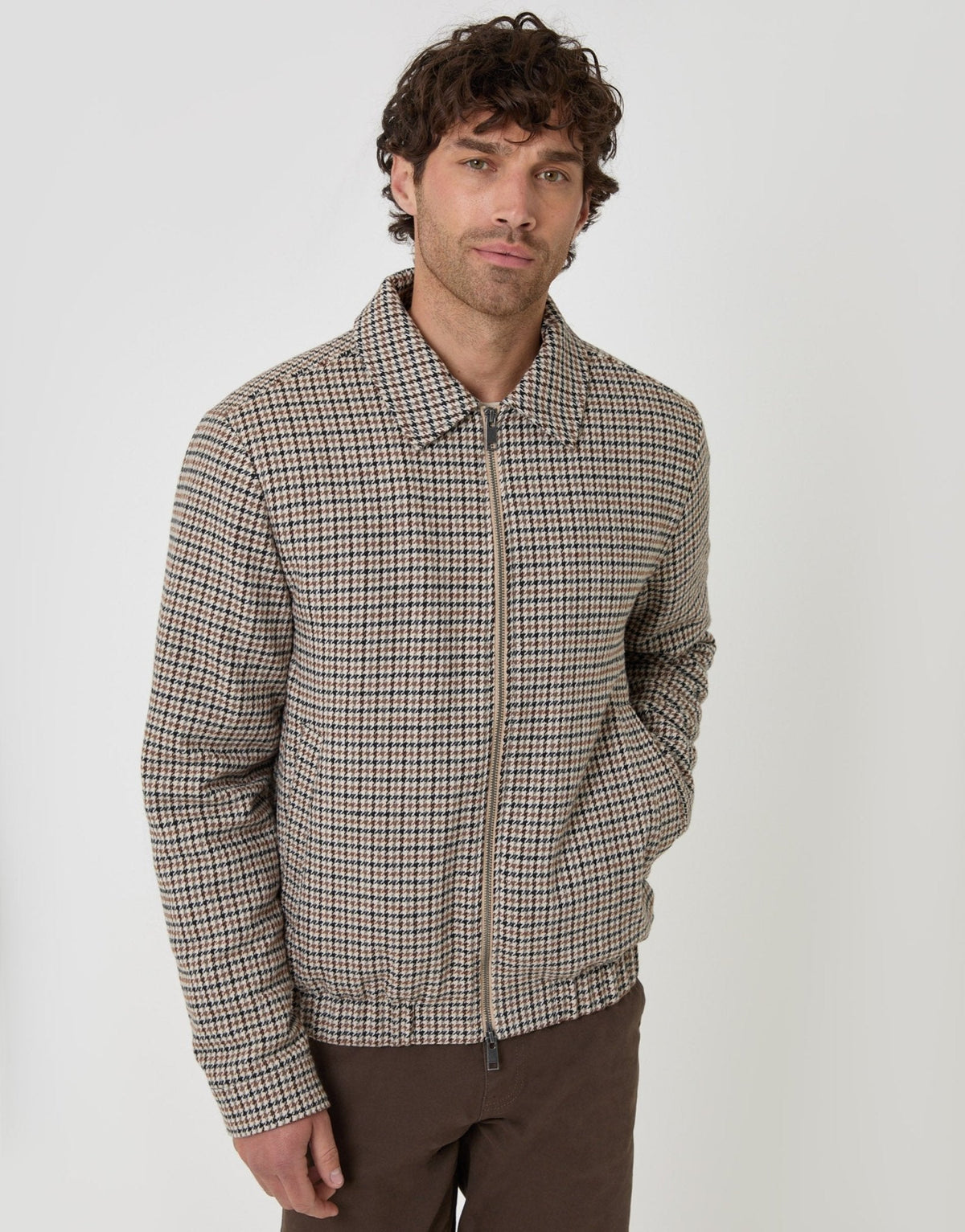 Faux Wool Collared Jacket in Brown Check