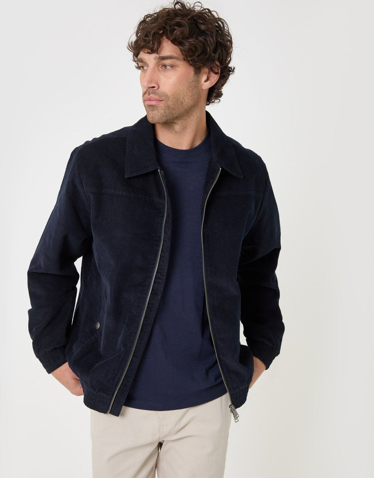 Men's Cotton Corduroy Harrington Jacket in Navy | SATRI