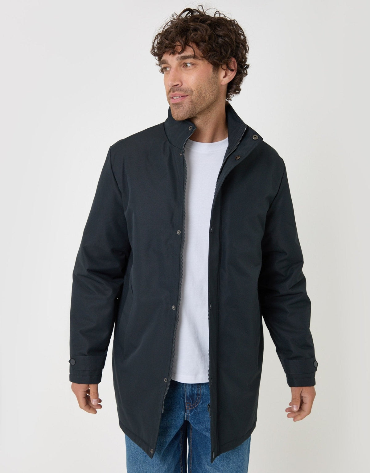 Men's Longline Showerproof Funnel Neck Coat in Navy | SATRI