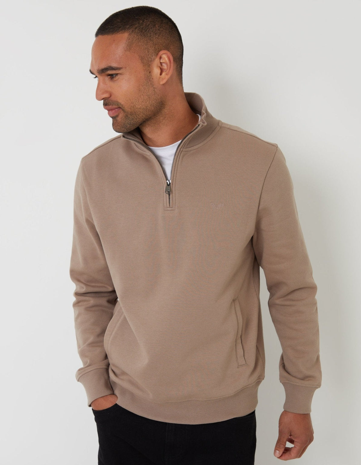 Men's The Essential Cotton Rich Quarter Zip Sweatshirt in Taupe | SATRI