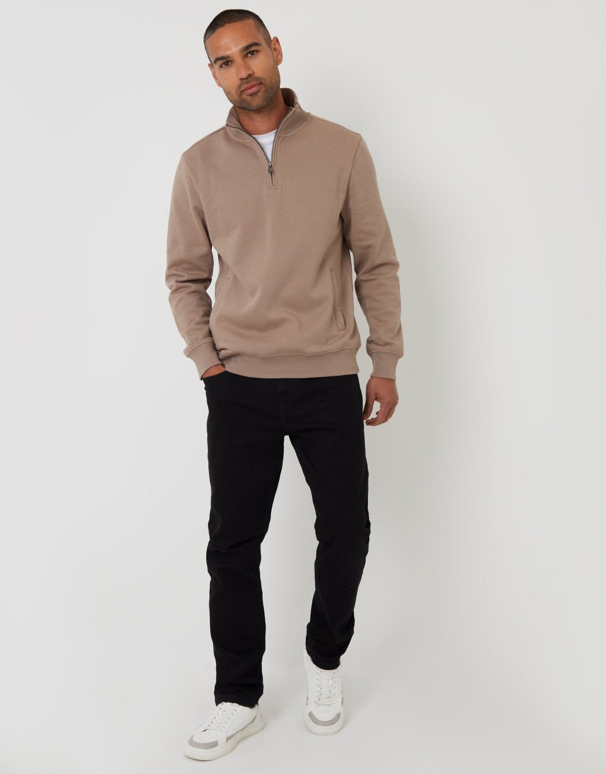 The Essential Cotton Rich Quarter Zip Sweatshirt in Taupe