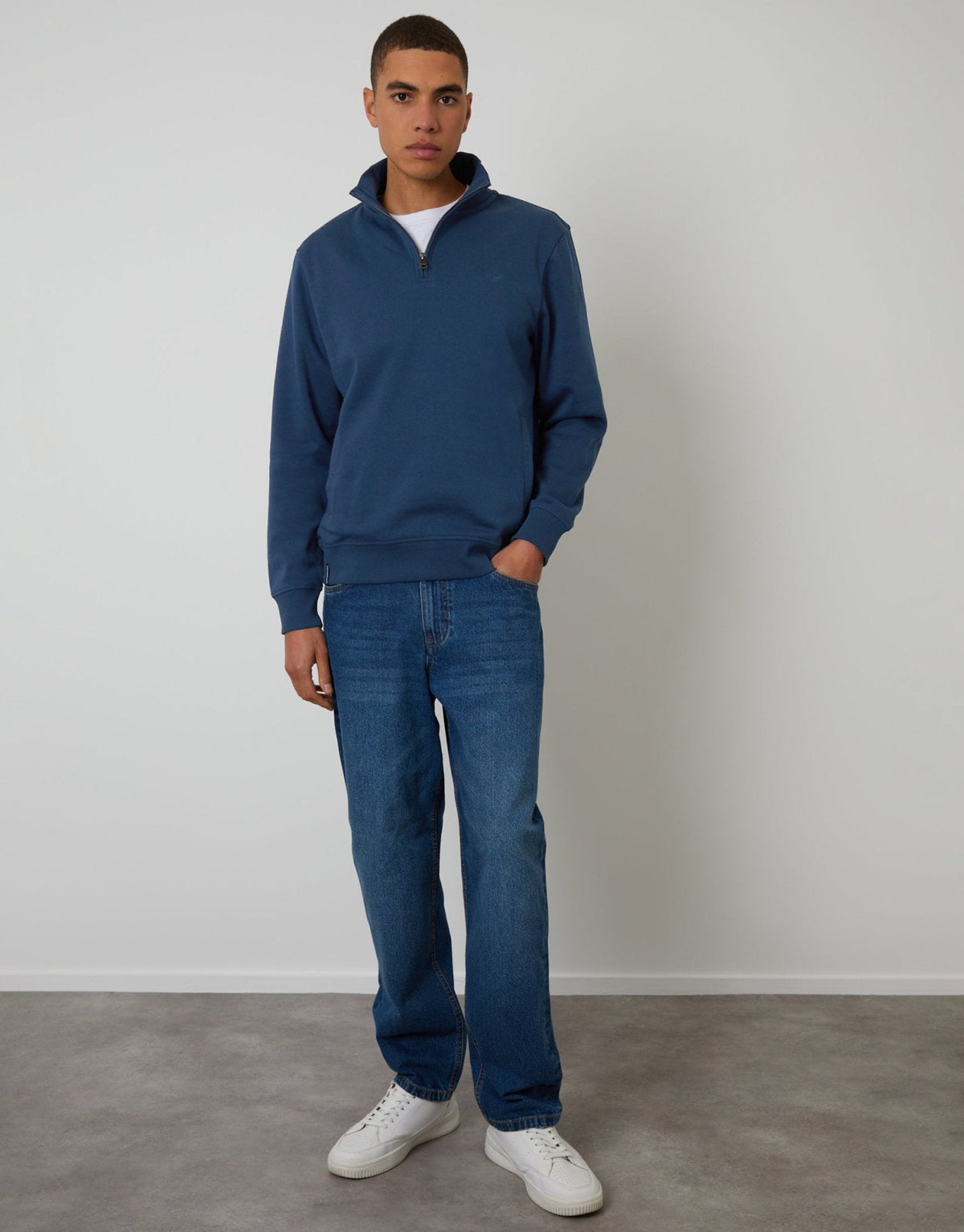 The Essential Cotton Rich Quarter Zip Sweatshirt in Blue