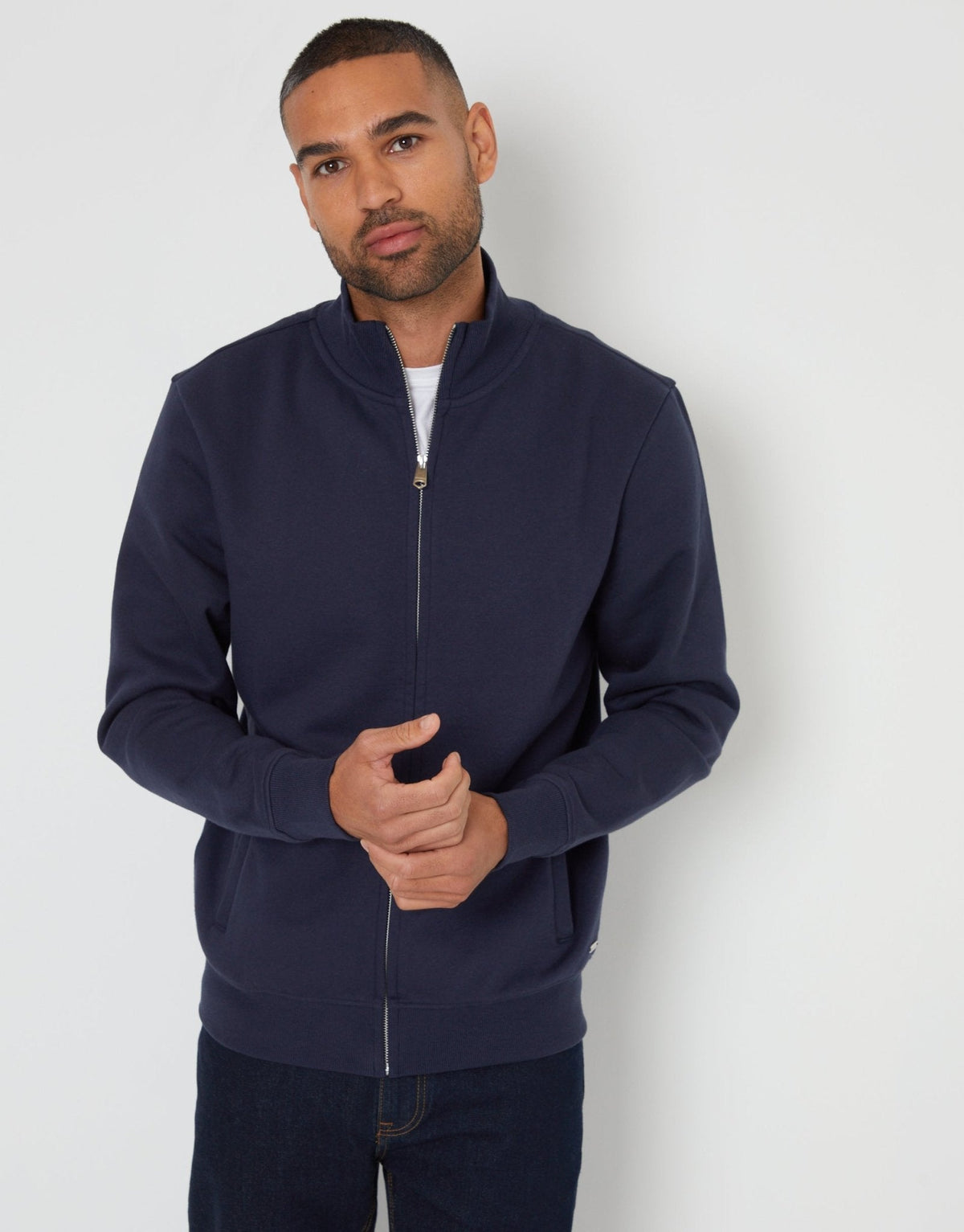 Men's Funnel Neck Zip Through Sweatshirt in Navy | SATRI