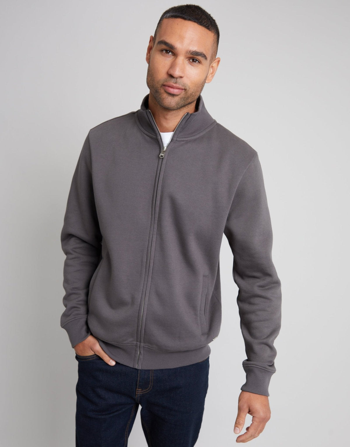 Men's Funnel Neck Zip Through Sweatshirt in Slate Grey | SATRI