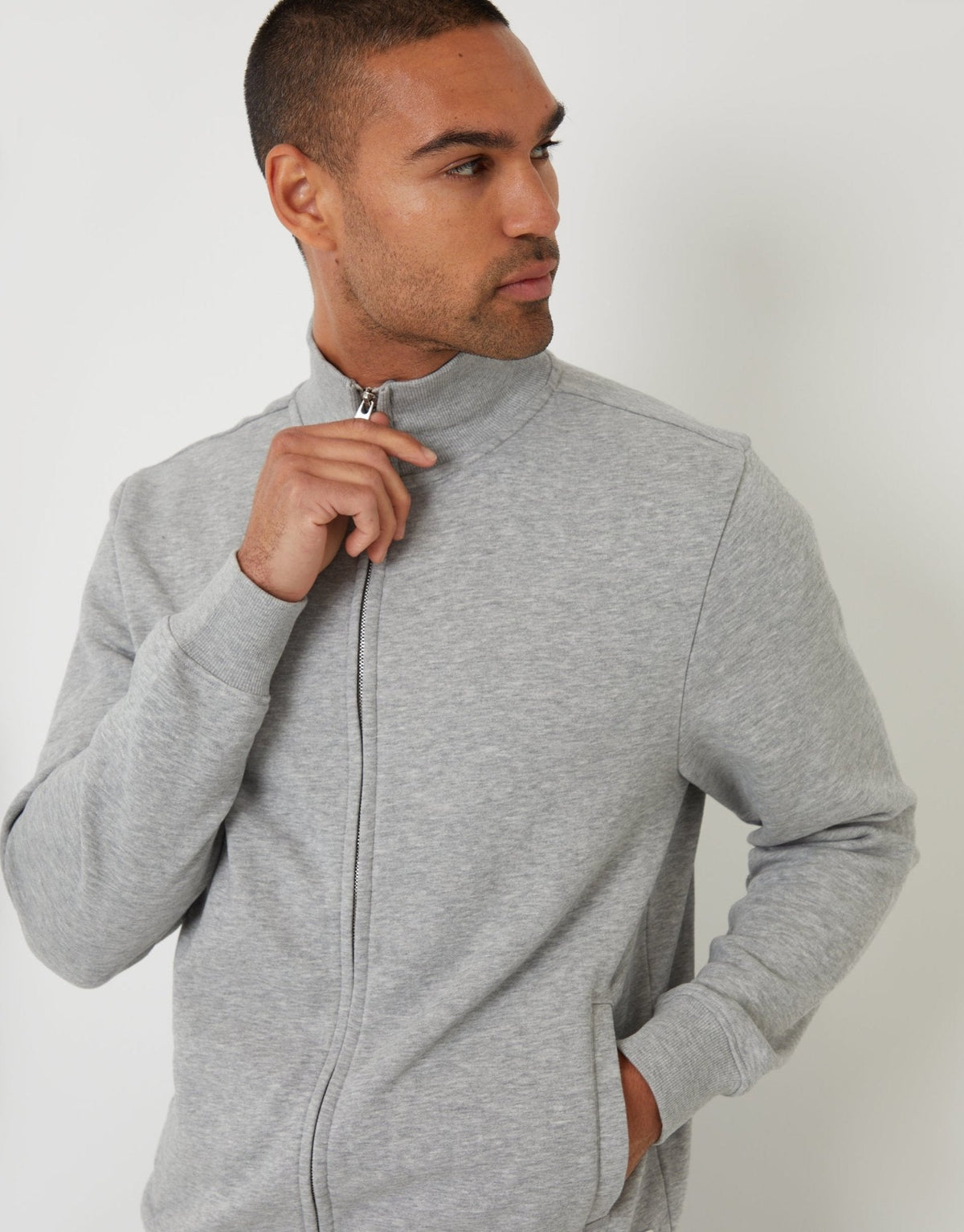 Funnel Neck Zip Through Sweatshirt in Light Grey