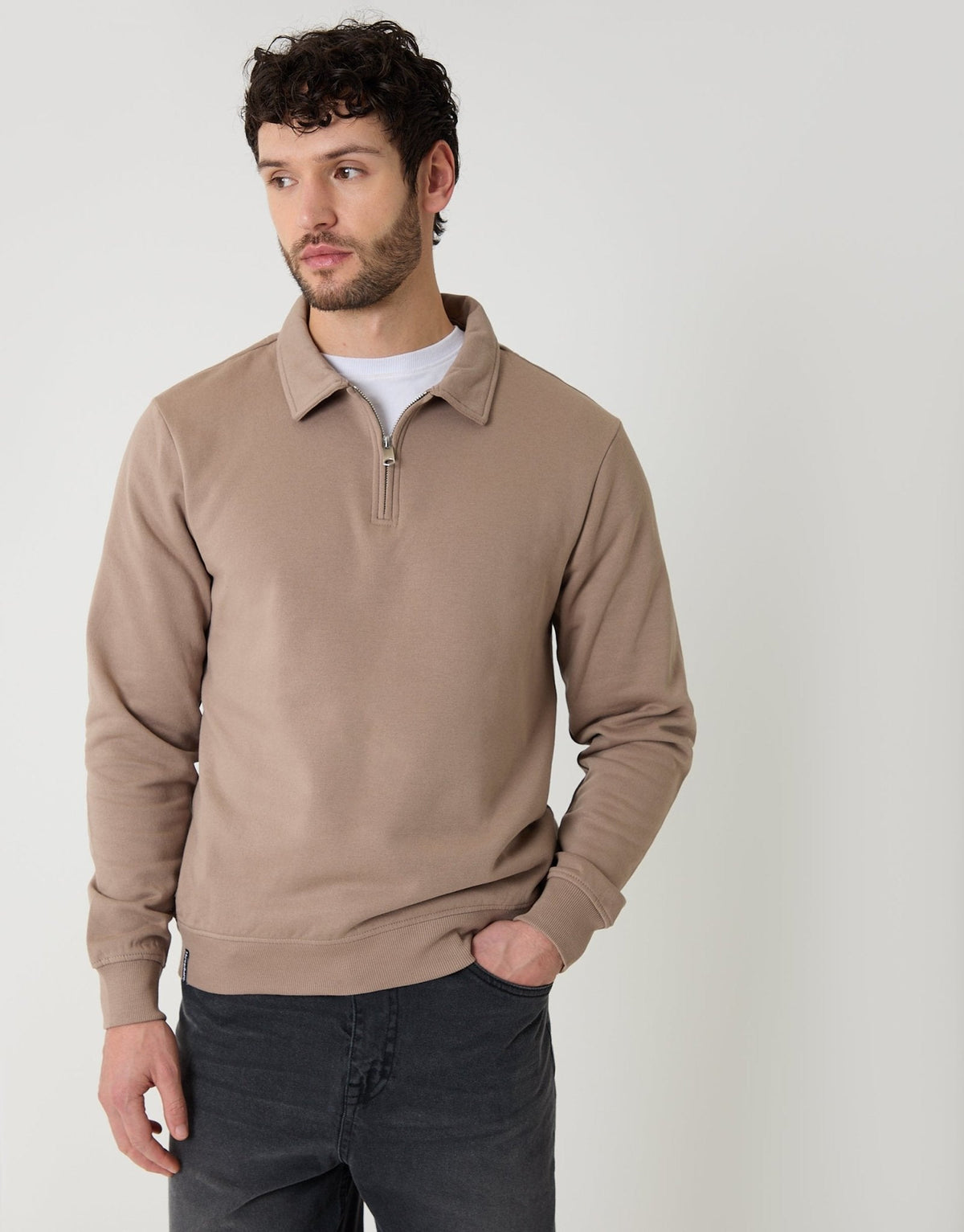 Men's Quarter Zip Collared Sweatshirt in Taupe | SATRI