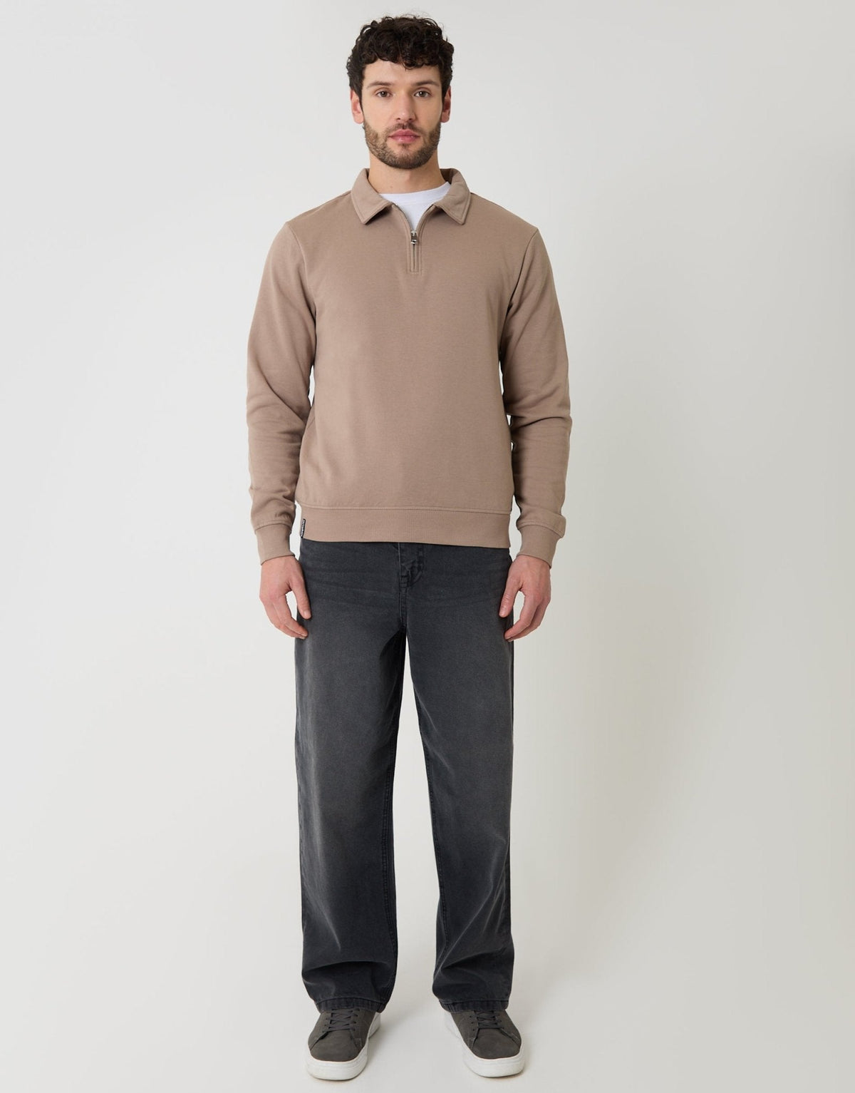 Quarter Zip Collared Sweatshirt in Taupe