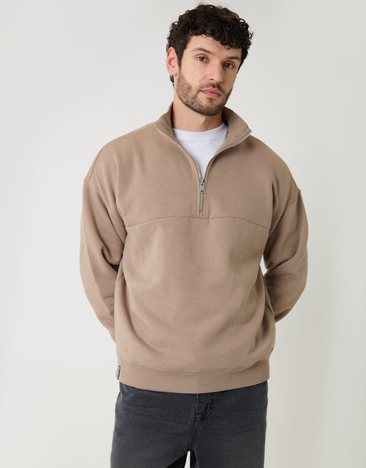 Men's Relaxed Fit Half Zip Sweatshirt in Taupe | SATRI