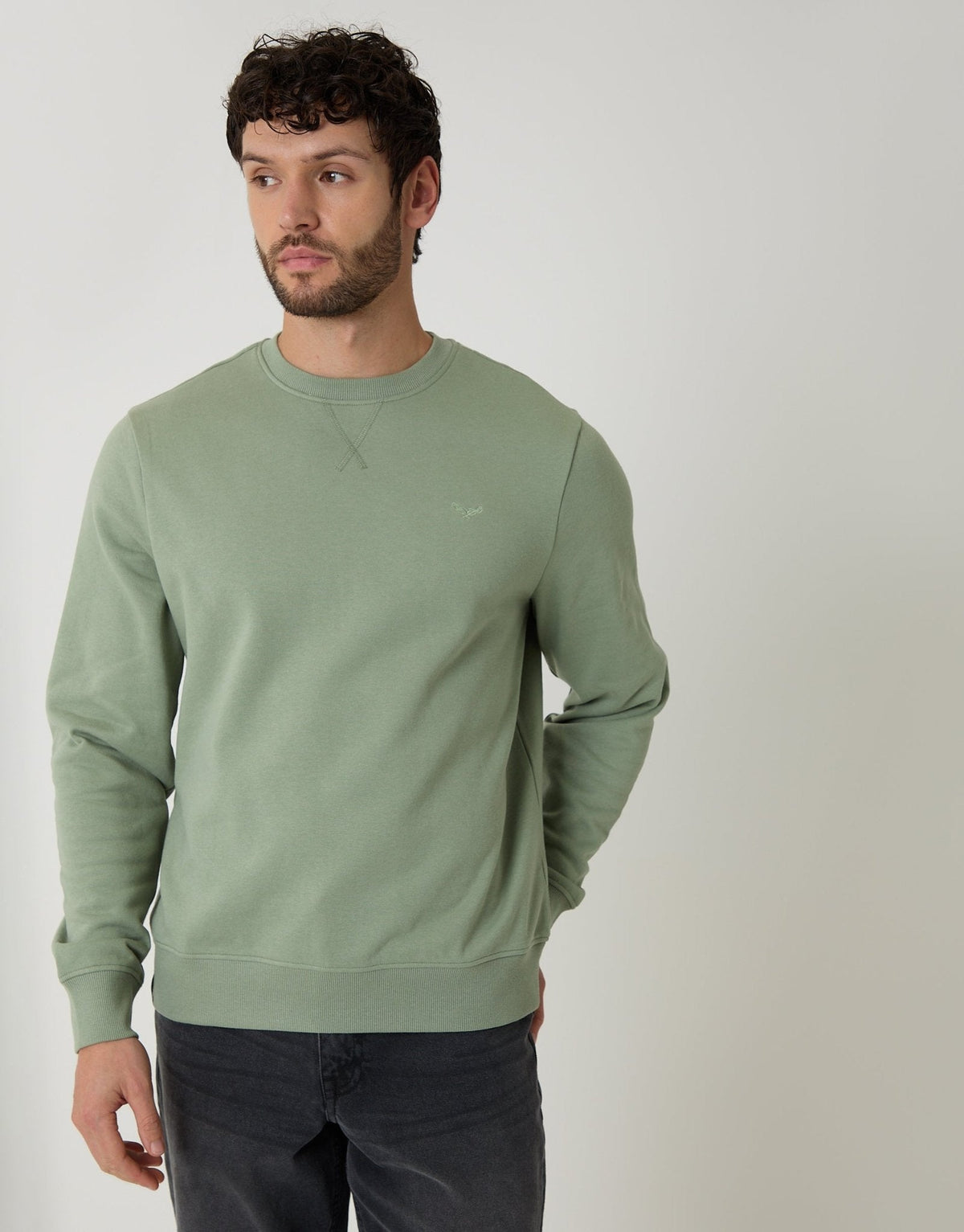 Men's The Essential Cotton Rich Crew Neck Sweatshirt in Green | SATRI