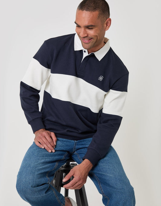 Relaxed Fit Cotton Rich Rugby Polo in Navy & Ecru Stripe