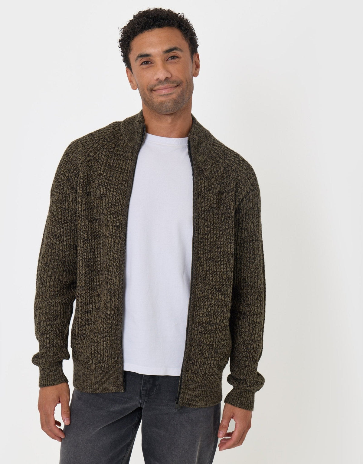 Full-Zip Cardigan in Khaki Green