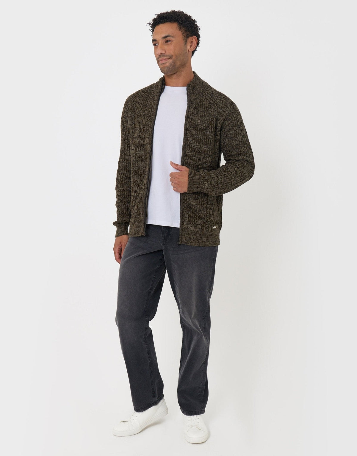 Full-Zip Cardigan in Khaki Green