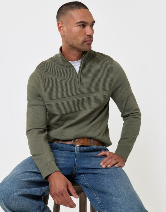 Men's Rib Detail Knitted Quarter Zip Jumper in Khaki Green | SATRI