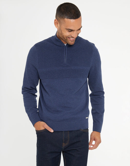 Men's Rib Detail Knitted Quarter Zip Jumper in Denim Blue | SATRI