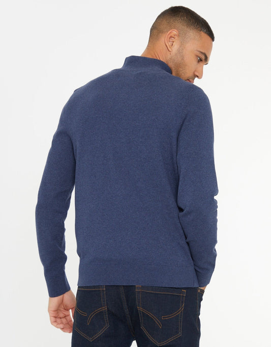 Rib Detail Knitted Quarter Zip Jumper in Denim Blue