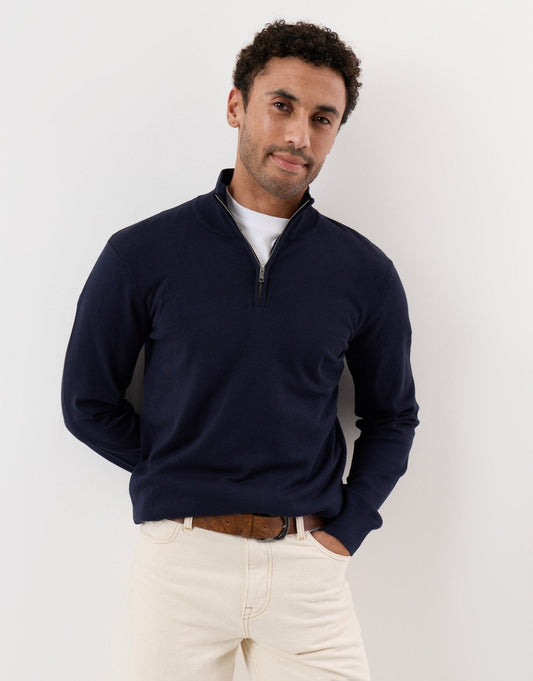 Men's Funnel Neck Quarter Zip Knitted Jumper in Navy | SATRI