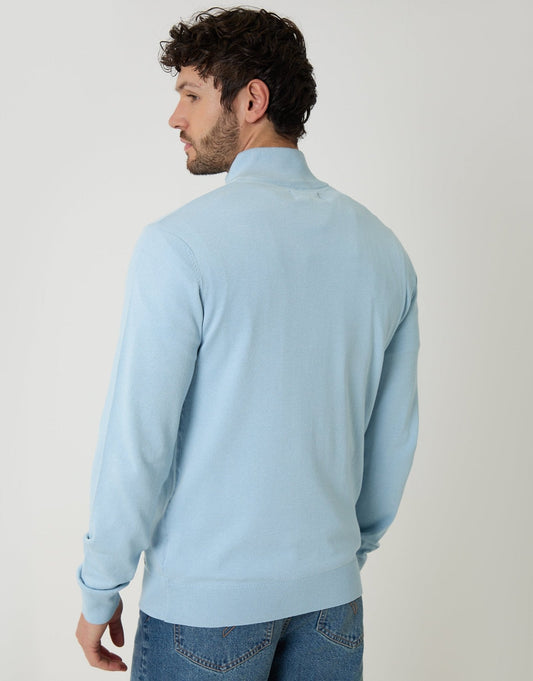 Funnel Neck Quarter Zip Knitted Jumper in Light Blue