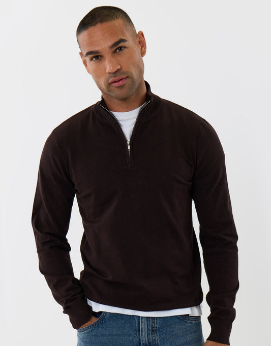 Men's Funnel Neck Quarter Zip Knitted Jumper in Chocolate Brown | SATRI