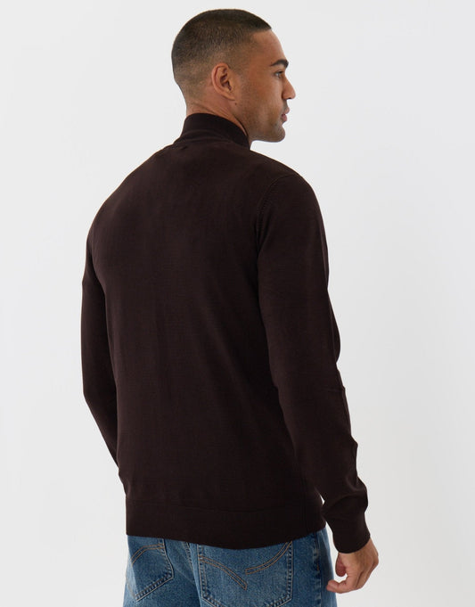Funnel Neck Quarter Zip Knitted Jumper in Chocolate Brown