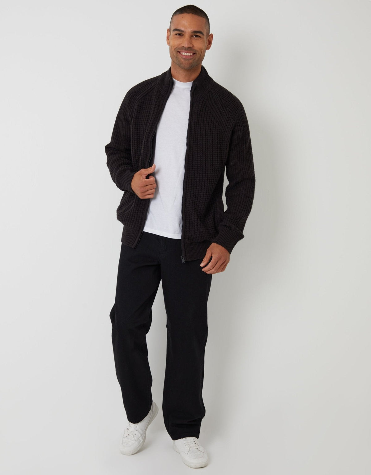 Zip Up Microfleece Lined Cardigan in Black
