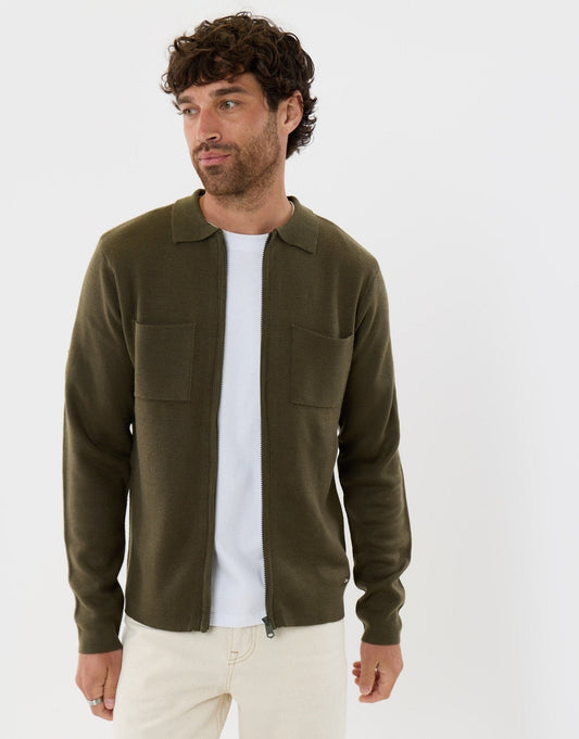Zip-Through Knitted Shacket in Khaki