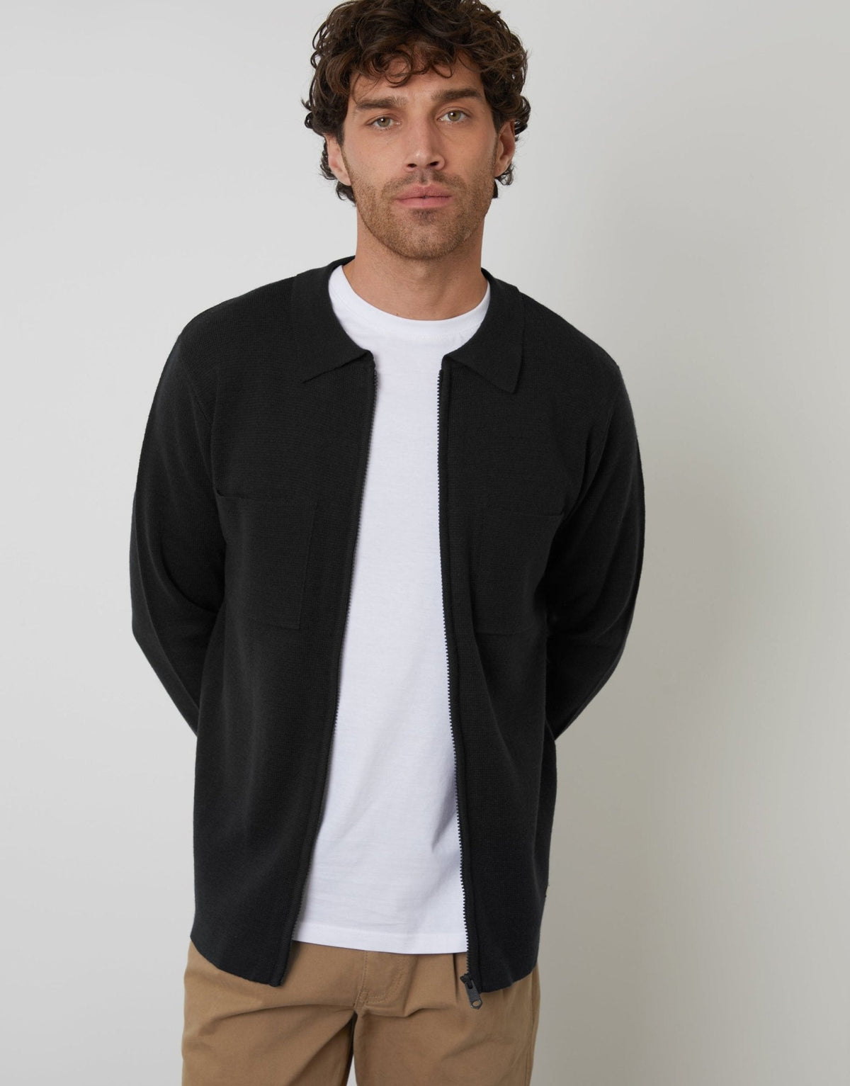 Men's Zip-Through Knitted Shacket in Black | SATRI