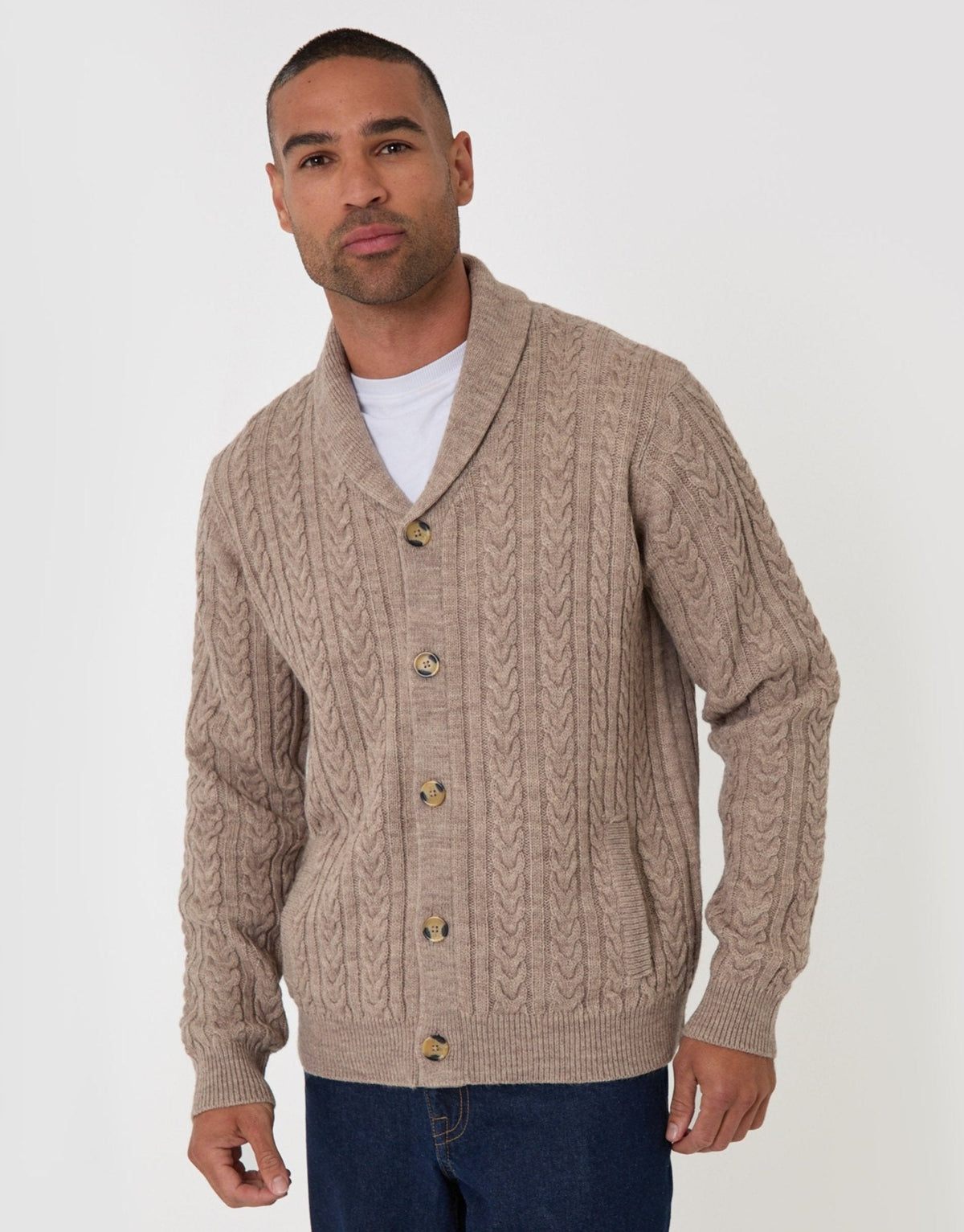 Men's Wool Blend Shawl Collar Cardigan in Beige | SATRI